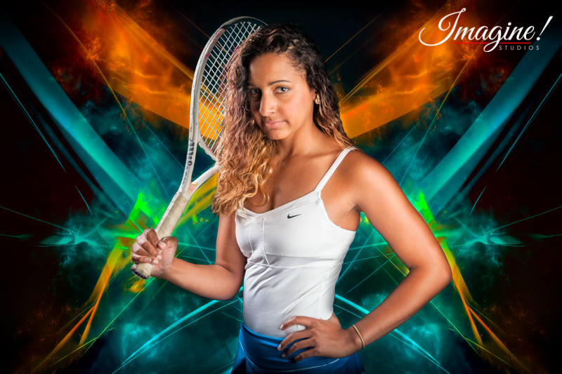 Brianna in her tennis outfit with a sporty digital background
