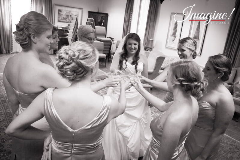 Layne and her bridesmaids share a toast before the wedding ceremony begins